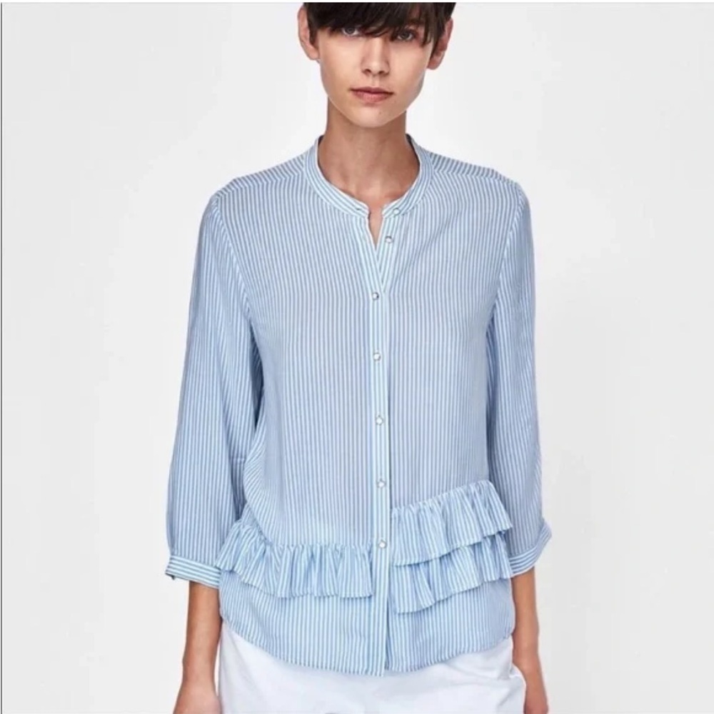 Blue Striped Button-Up Blouse. Size M